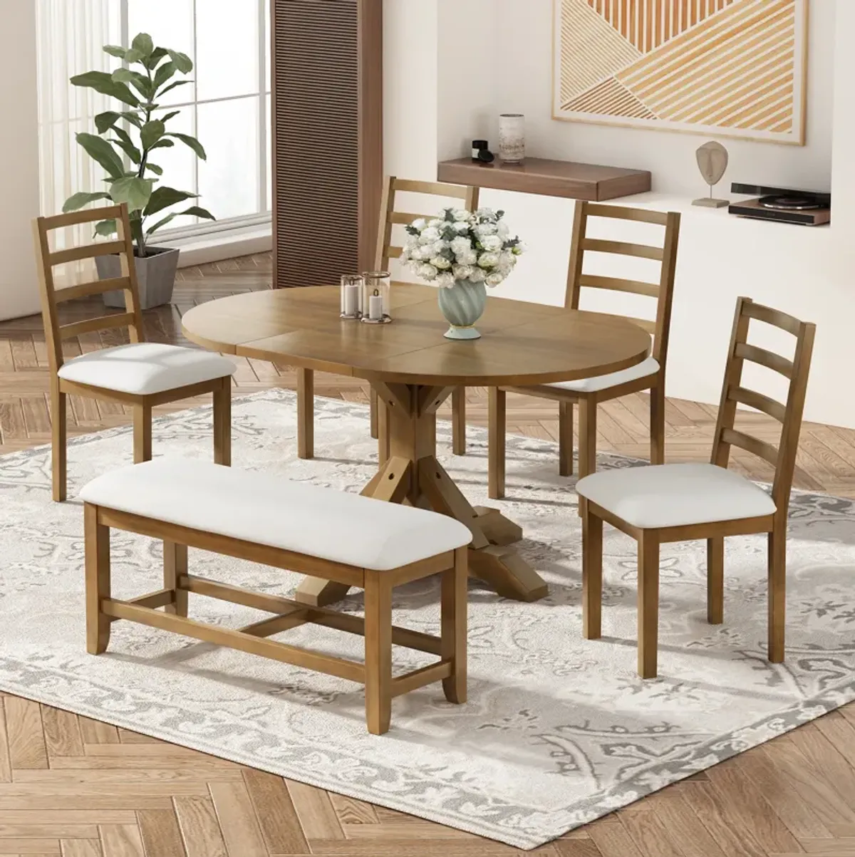 Merax 6-Piece Wood Dining Table Chairs Bench Set