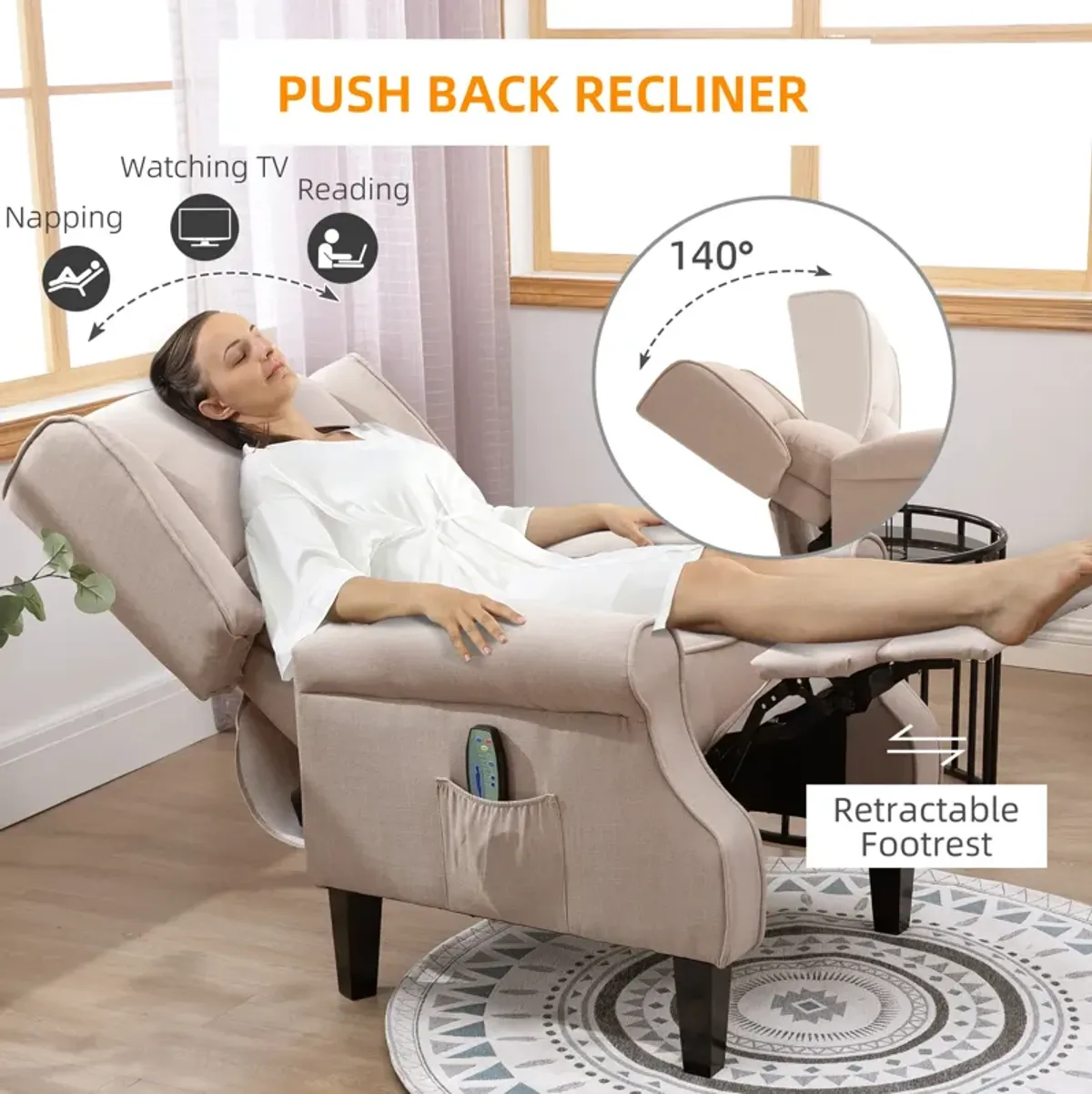 HOMCOM Wingback Heated Vibrating Massage Chair, Accent Sofa Vintage Upholstered Massage Recliner Chair Push-back with Remote Controller, Beige