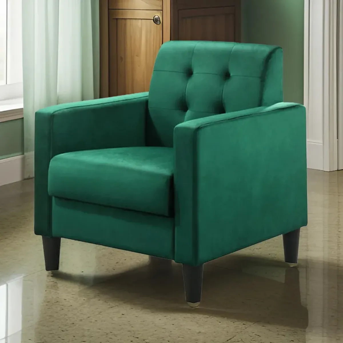 Oz 28 Inch Modern Accent Armchair with Foam Cushion, Tufted Green Velvet-Benzara