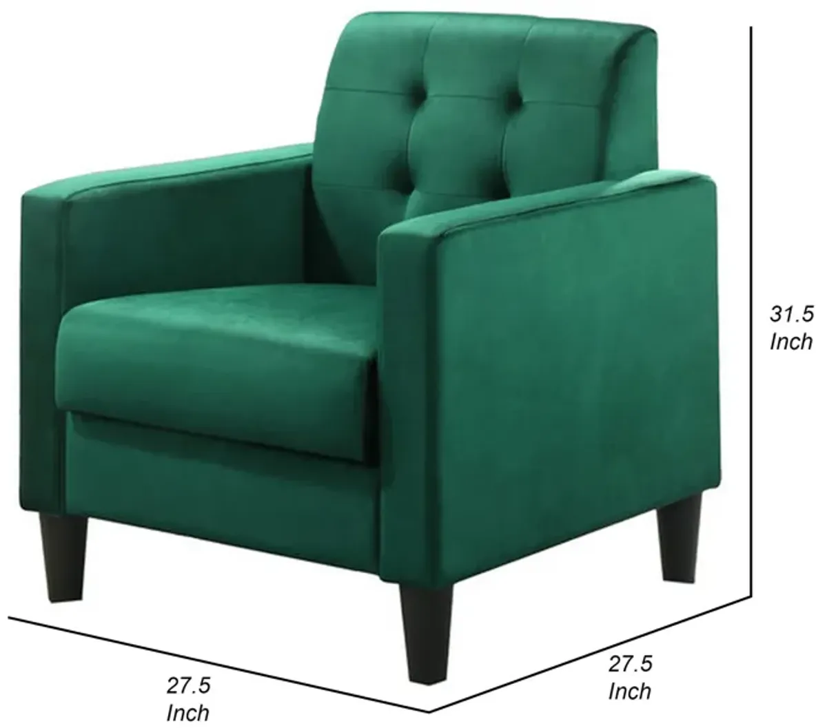 Oz 28 Inch Modern Accent Armchair with Foam Cushion, Tufted Green Velvet-Benzara