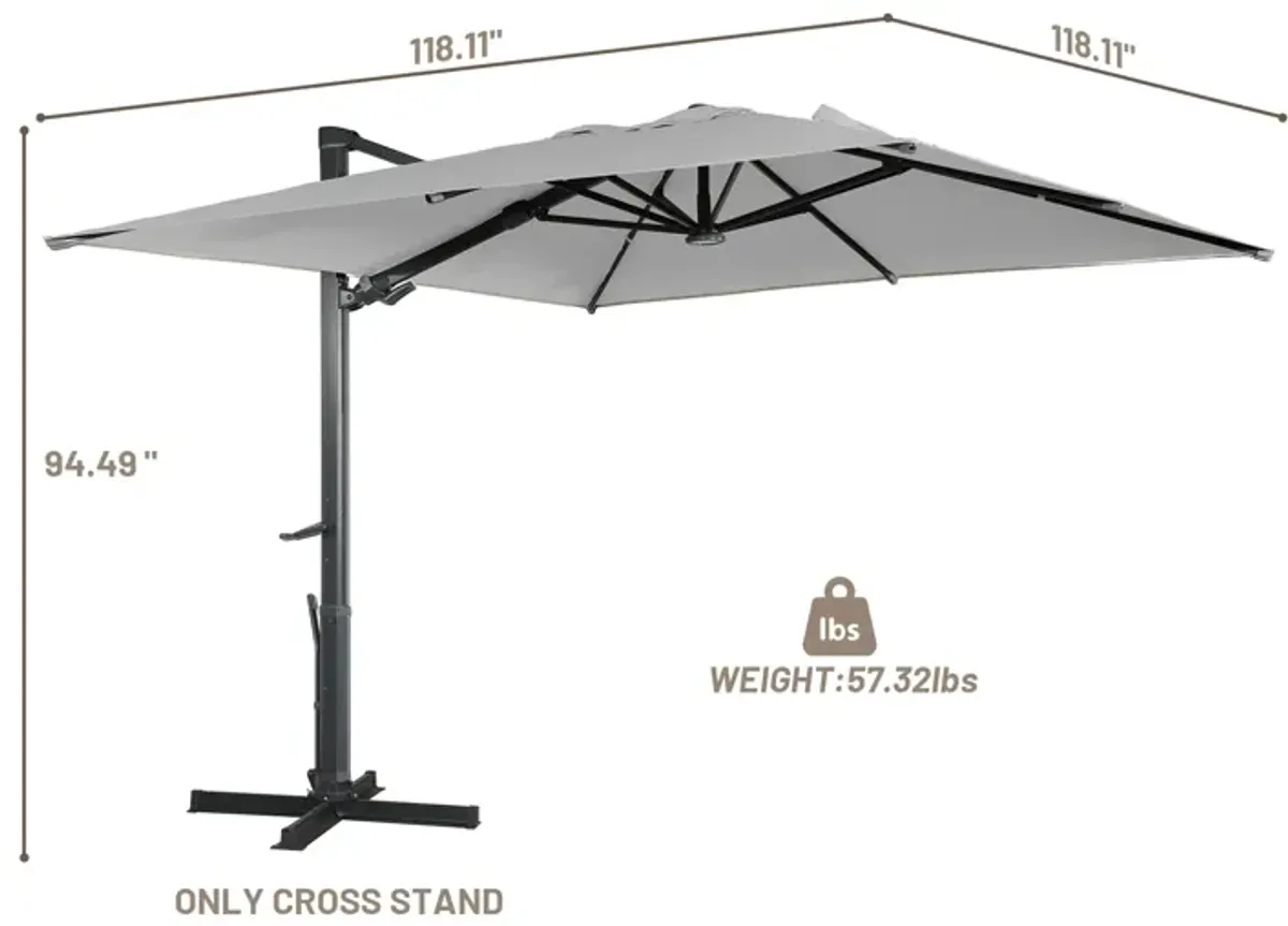 10x10 ft. 360°Rotation Square Cantilever Patio Umbrella with LED Light in Gray