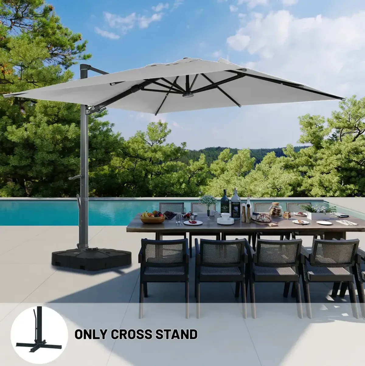 10x10 ft. 360°Rotation Square Cantilever Patio Umbrella with LED Light in Gray