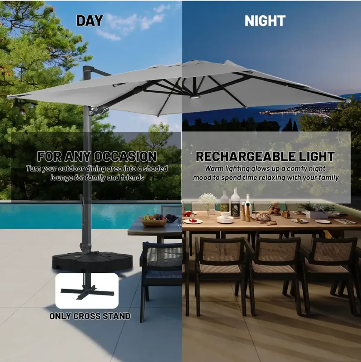 10x10 ft. 360°Rotation Square Cantilever Patio Umbrella with LED Light in Gray