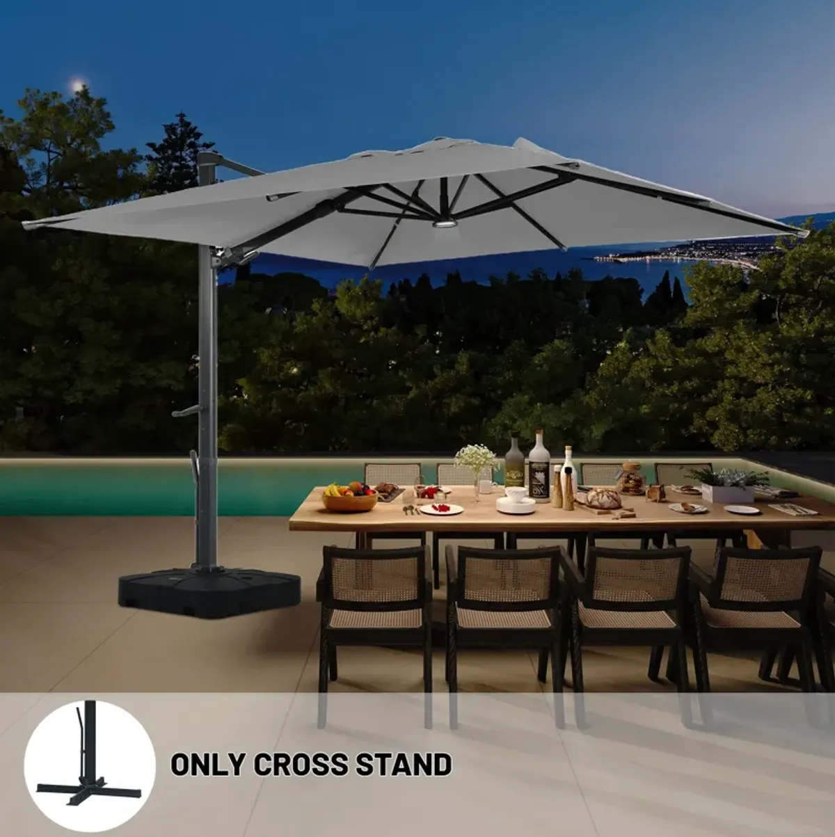 10x10 ft. 360°Rotation Square Cantilever Patio Umbrella with LED Light in Gray