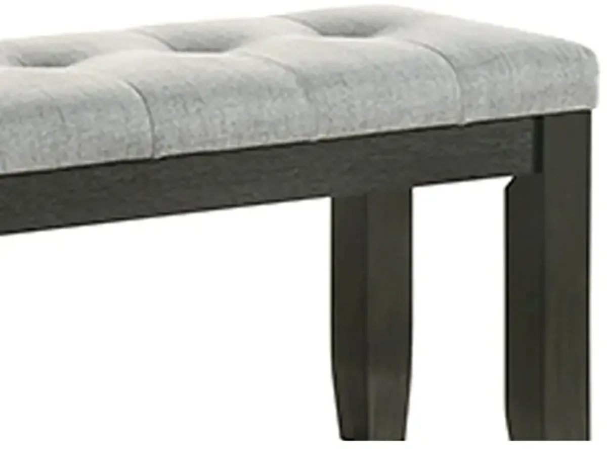 Woodlands 48 Inch Bench, Classic Wood Frame, Soft Gray Finished Fabric - Benzara