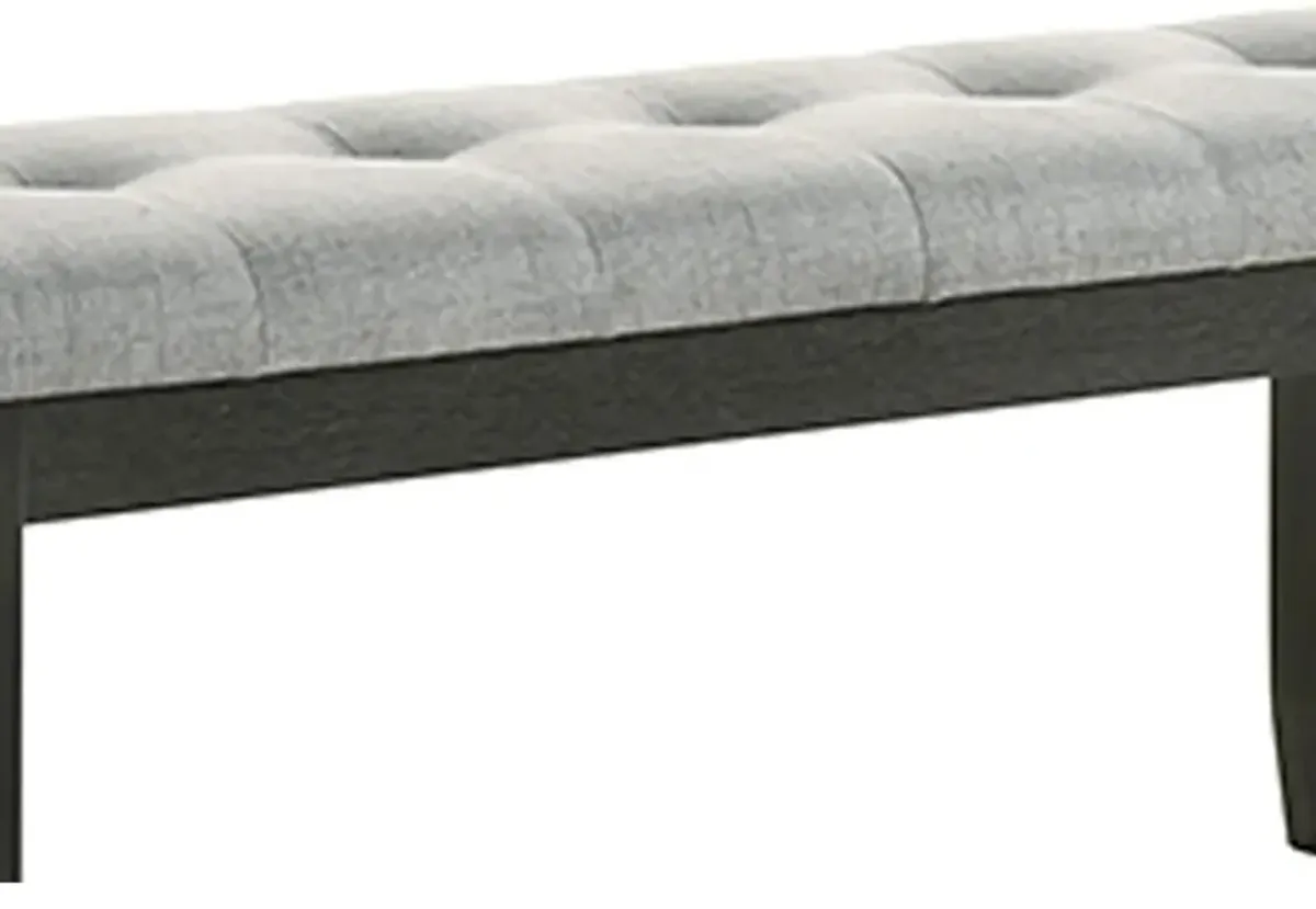 Woodlands 48 Inch Bench, Classic Wood Frame, Soft Gray Finished Fabric - Benzara