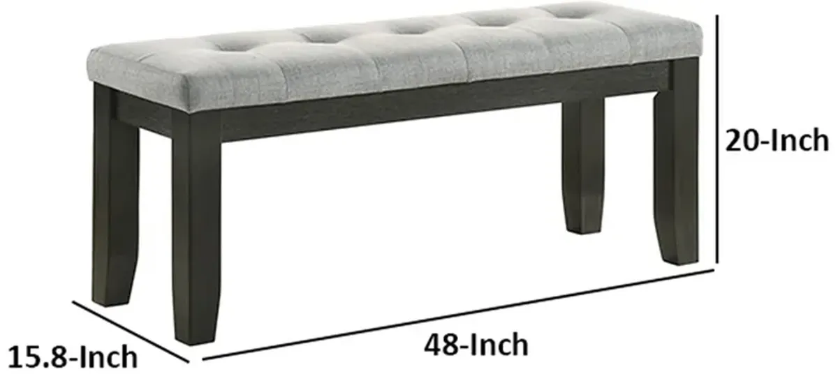 Woodlands 48 Inch Bench, Classic Wood Frame, Soft Gray Finished Fabric - Benzara