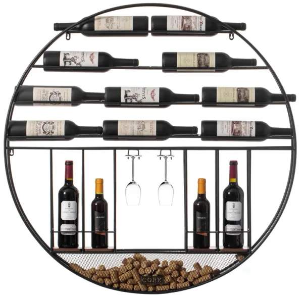 Vintage Decorative Modern Black Metal Round Wall Mounted Wine Display Rack with Cork and Glass Holder