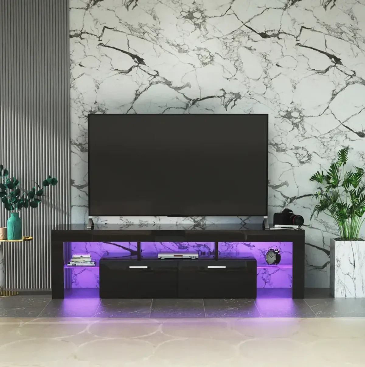 Modern TV Stand With LED Lights, High Glossy Front TV Cabinet