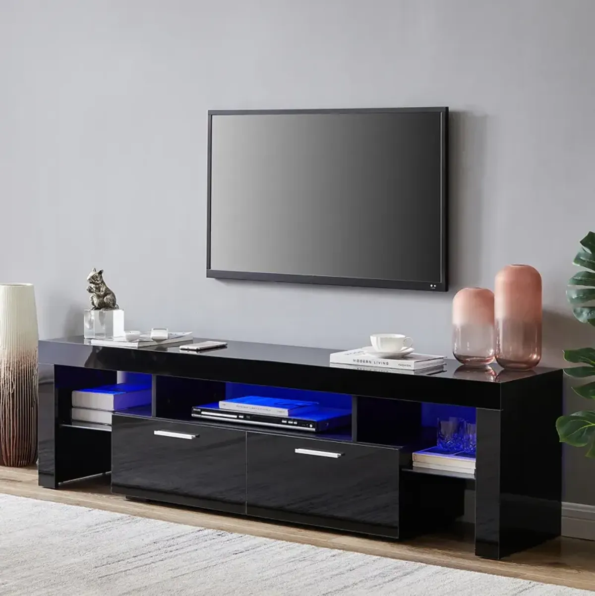 Modern TV Stand With LED Lights, High Glossy Front TV Cabinet