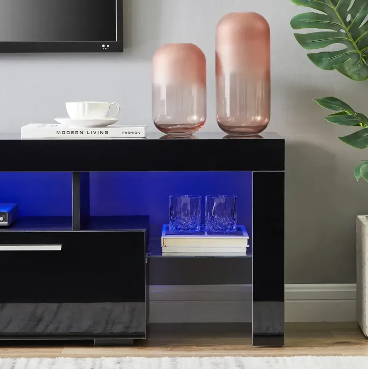 Modern TV Stand With LED Lights, High Glossy Front TV Cabinet