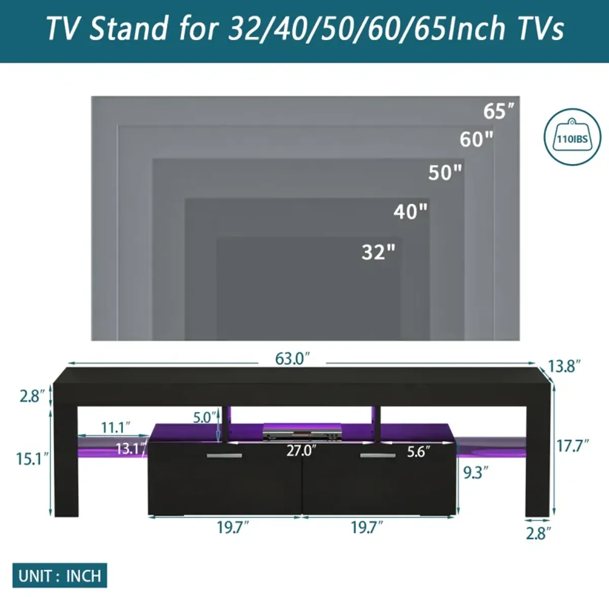 Modern TV Stand With LED Lights, High Glossy Front TV Cabinet