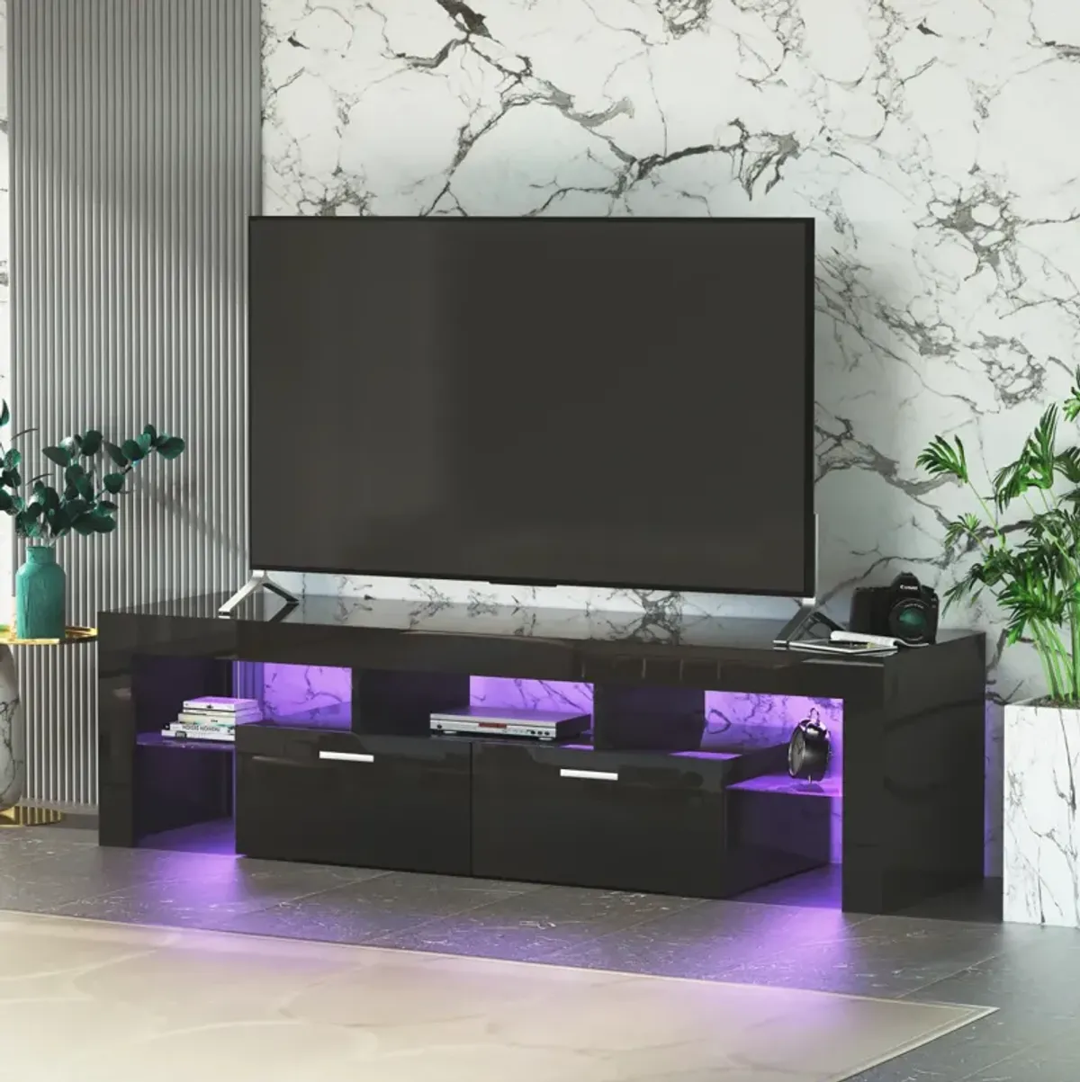 Modern TV Stand With LED Lights, High Glossy Front TV Cabinet