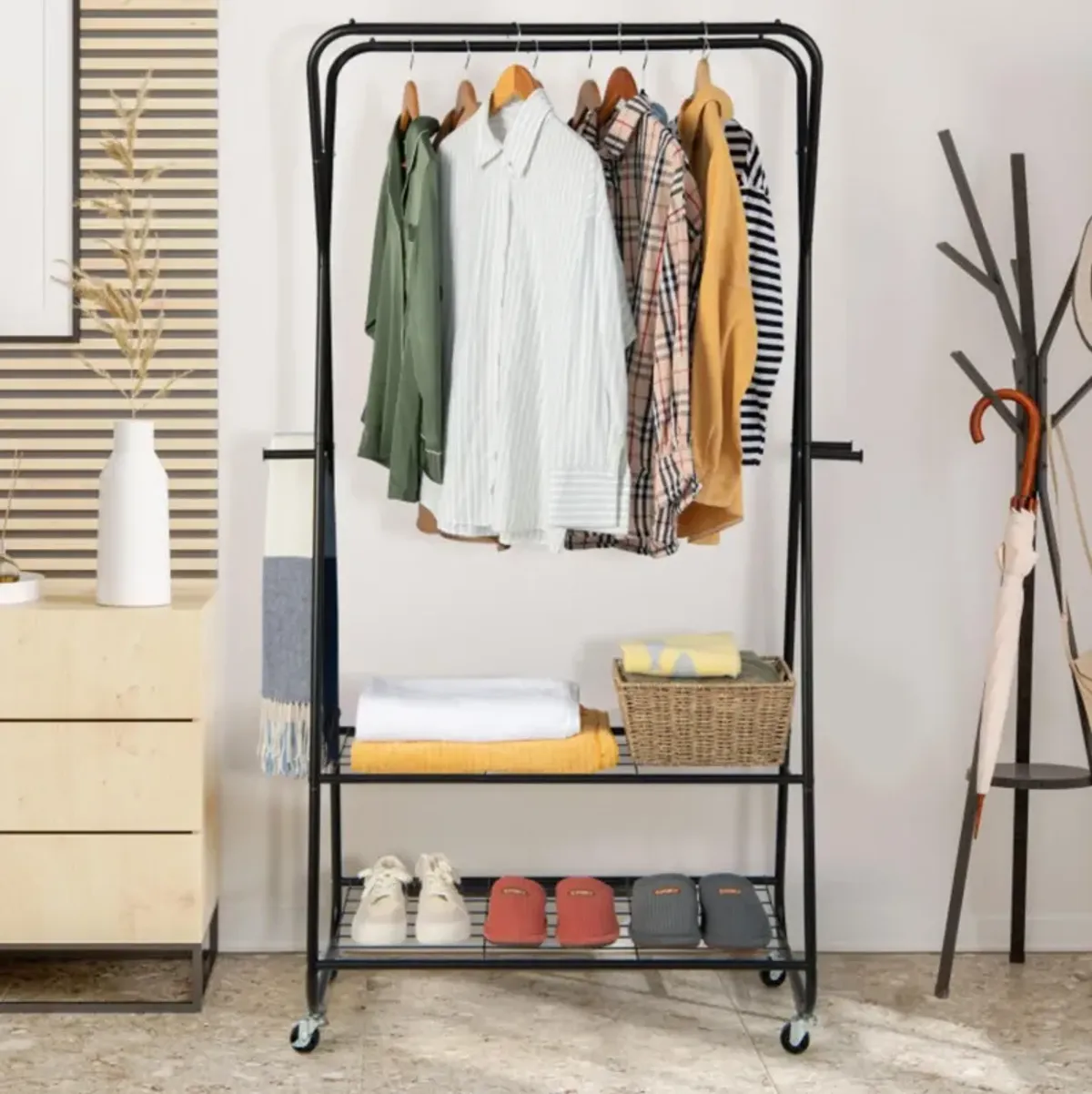 Hivvago Heavy Duty Clothes Rack on Wheels with Shelves