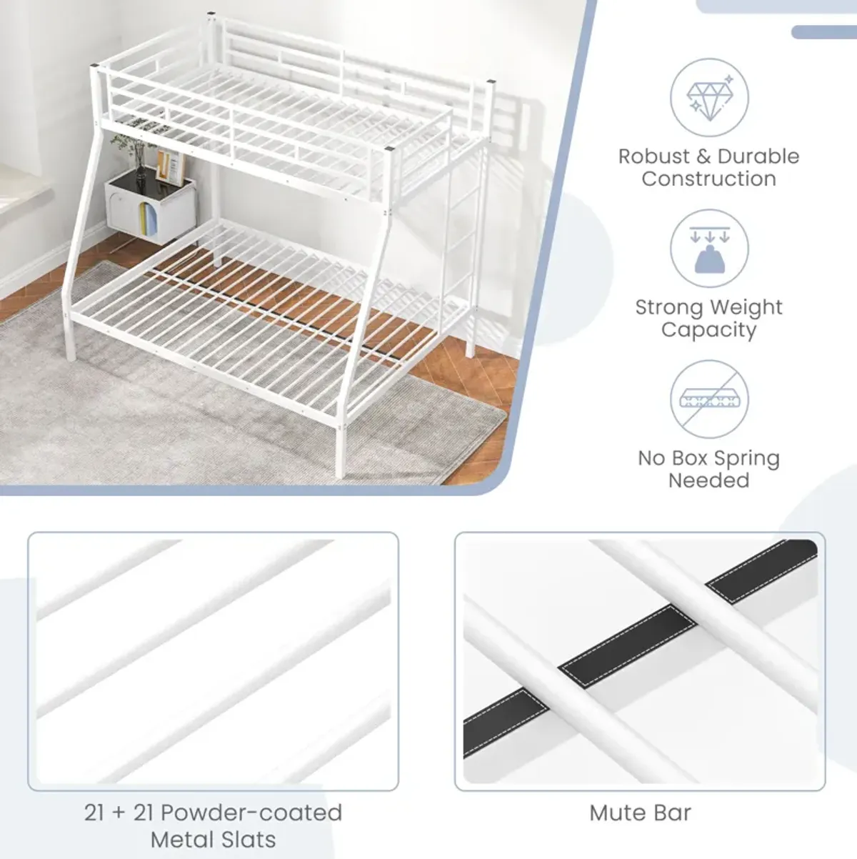 Space-saving Metal Slatted Bed Frame for Teens and Adults Noise-free No Box Spring Needed-White