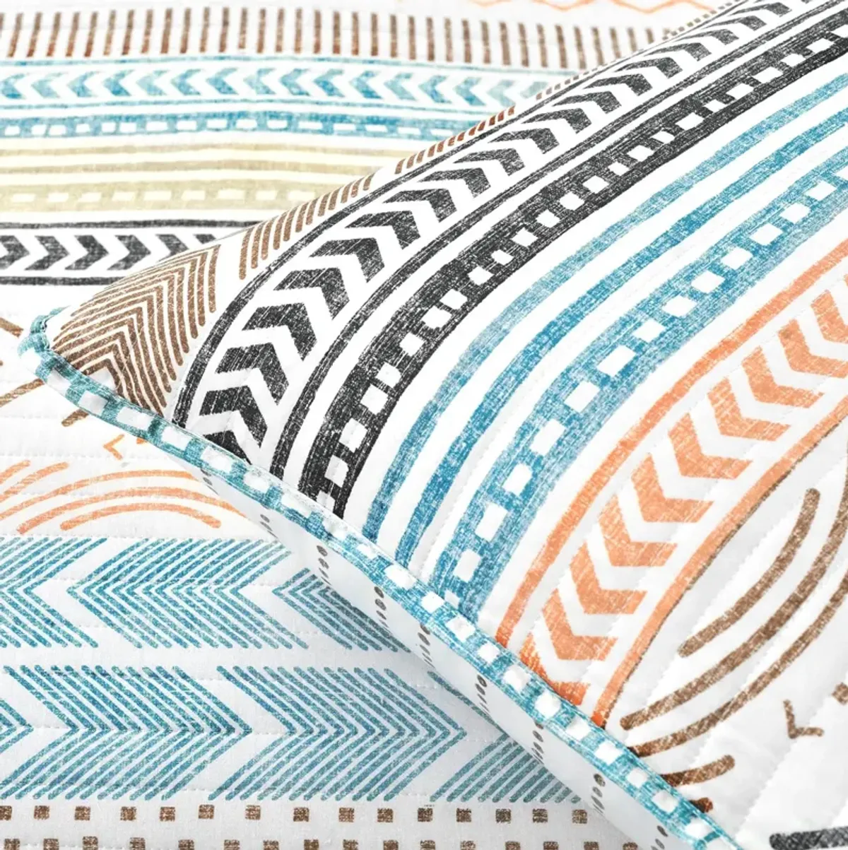King Scandinavian Chevron Teal White Orange Brown Reversible Cotton Quilt Set