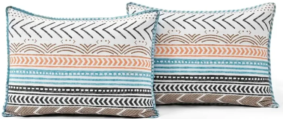 King Scandinavian Chevron Teal White Orange Brown Reversible Cotton Quilt Set