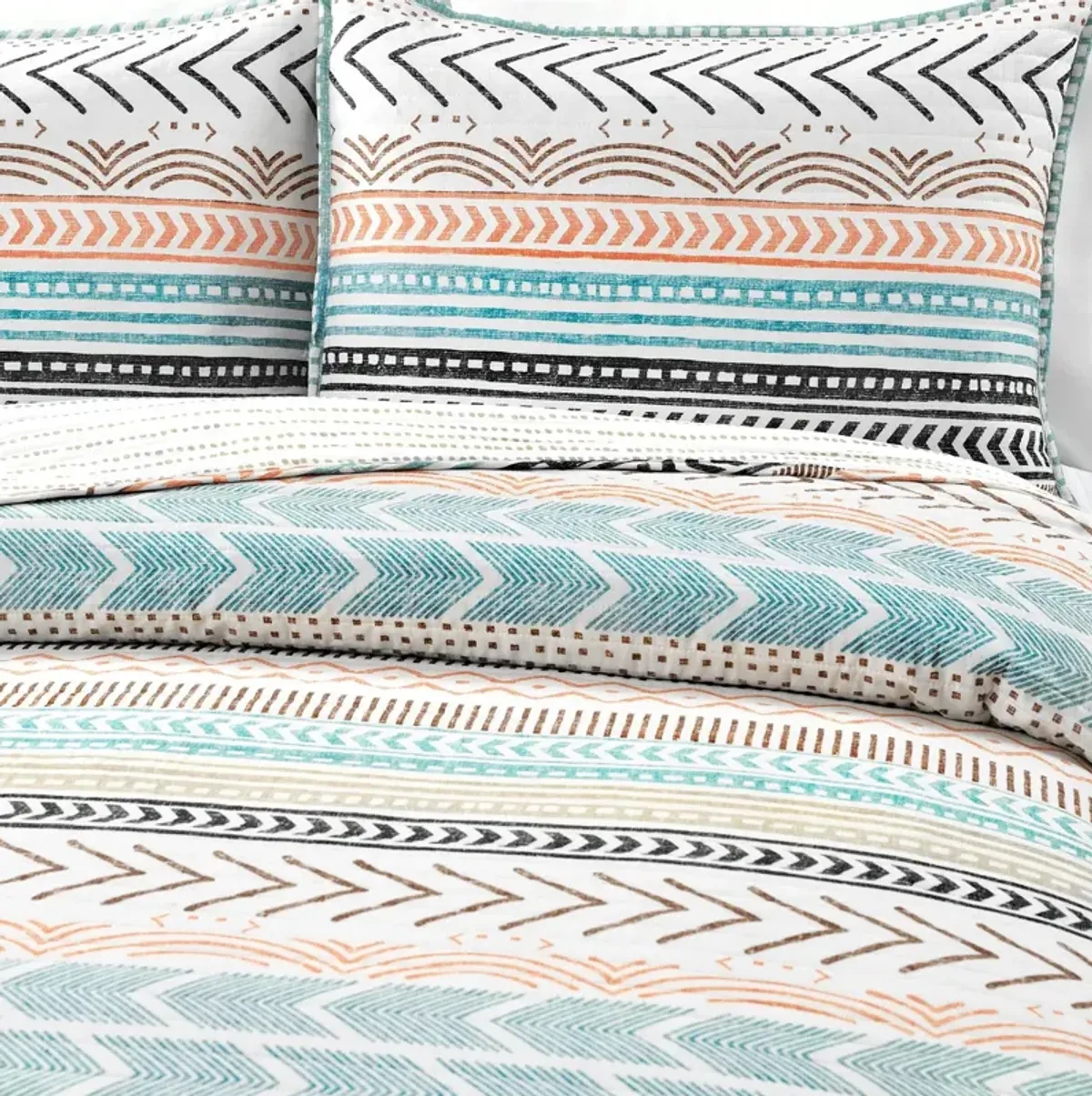 King Scandinavian Chevron Teal White Orange Brown Reversible Cotton Quilt Set