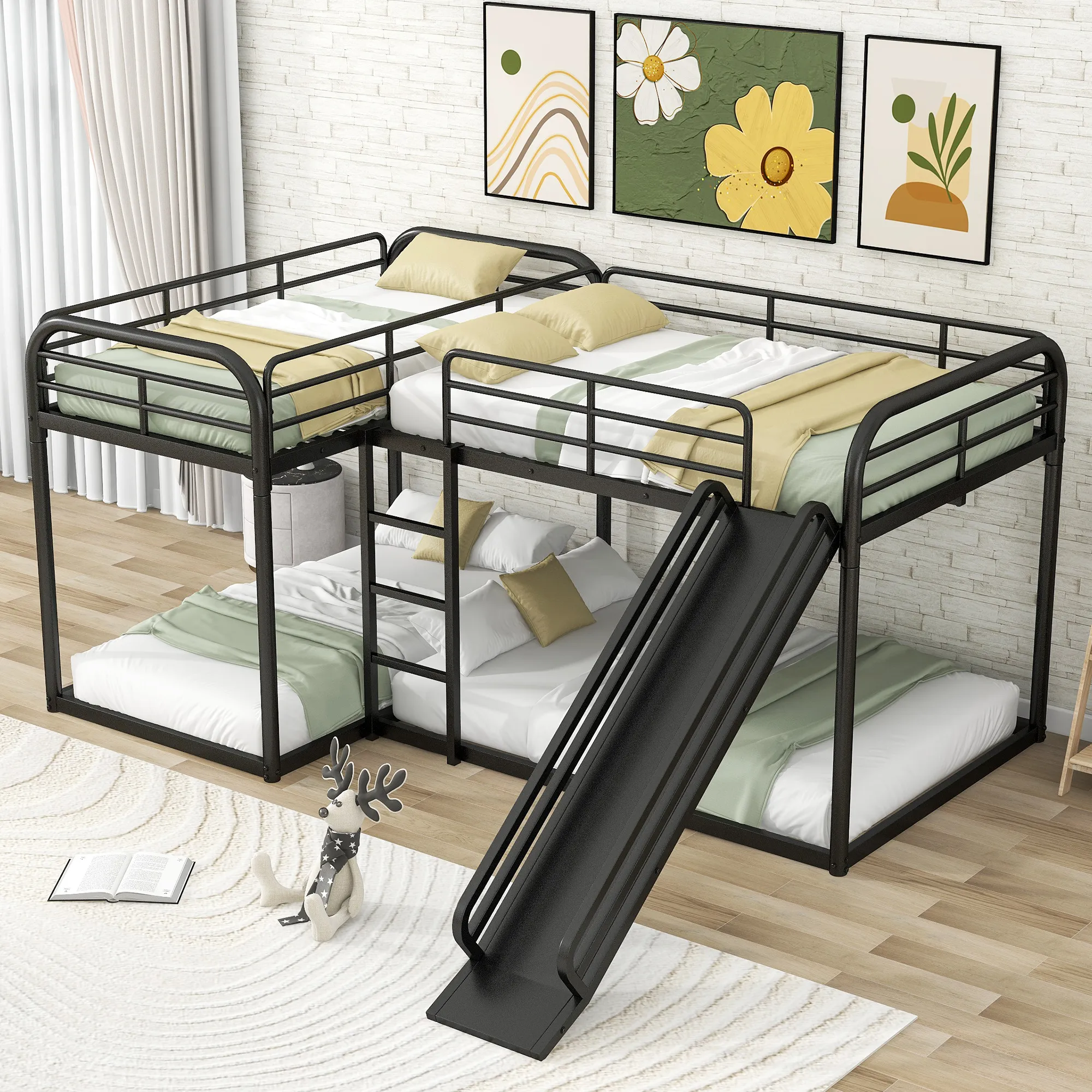 Quad L-Shaped Bunk Bed with Slide
