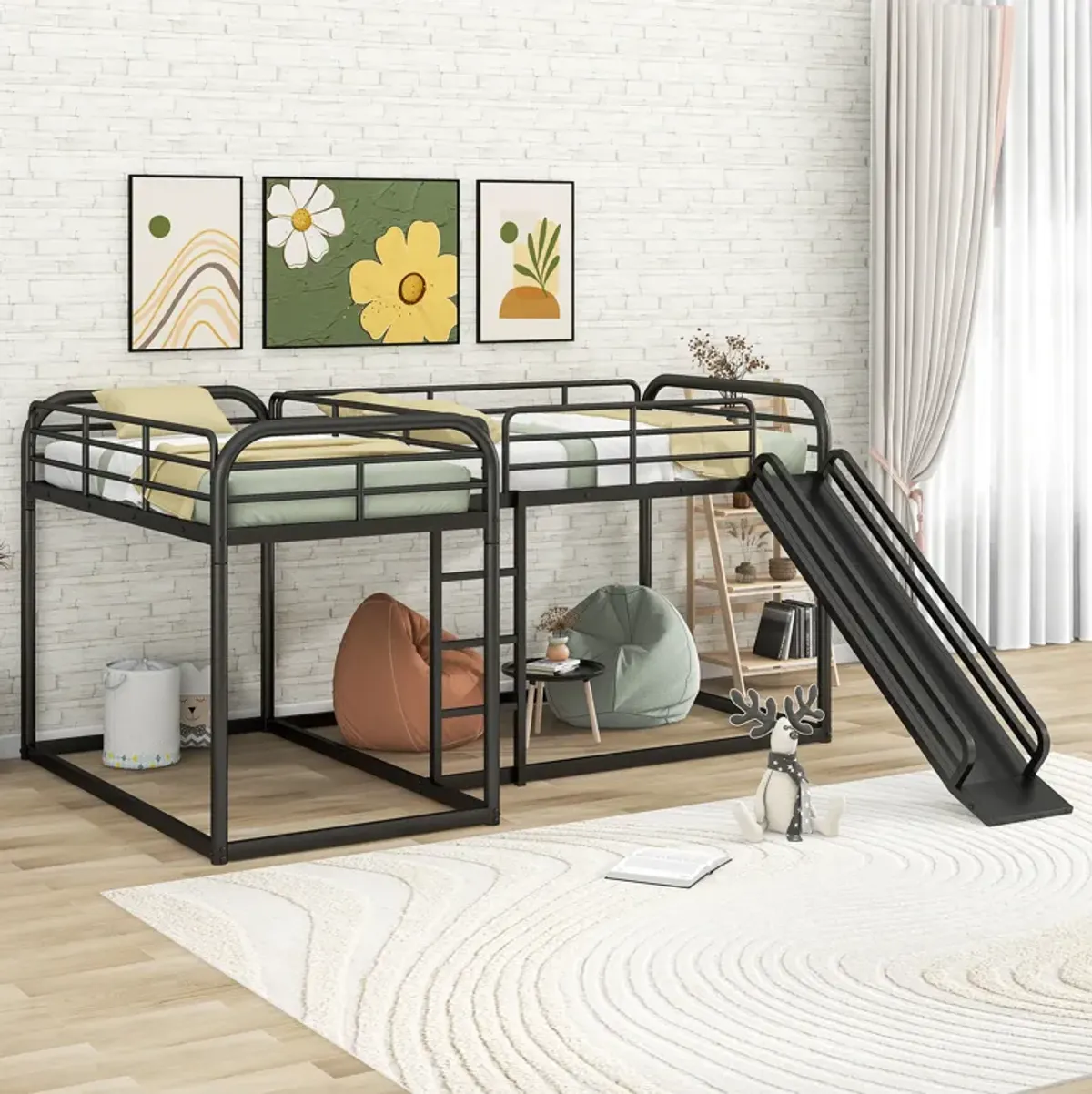 Quad L-Shaped Bunk Bed with Slide