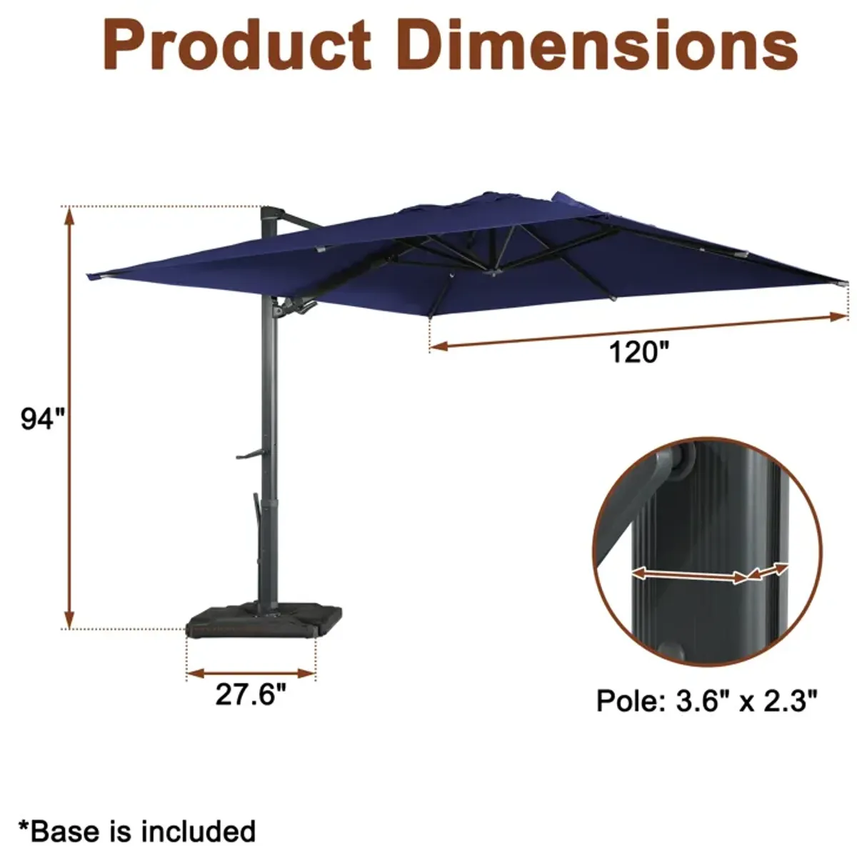 MONDAWE 10ft Square Cantilever Patio Umbrella with Included Base Weight for Outdoor Sun Shade