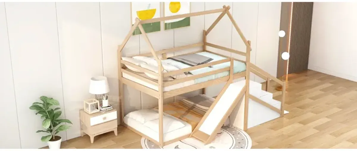 Twin Over Twin House Loft Or Bunk Bed With Slide And Staircase, Natural