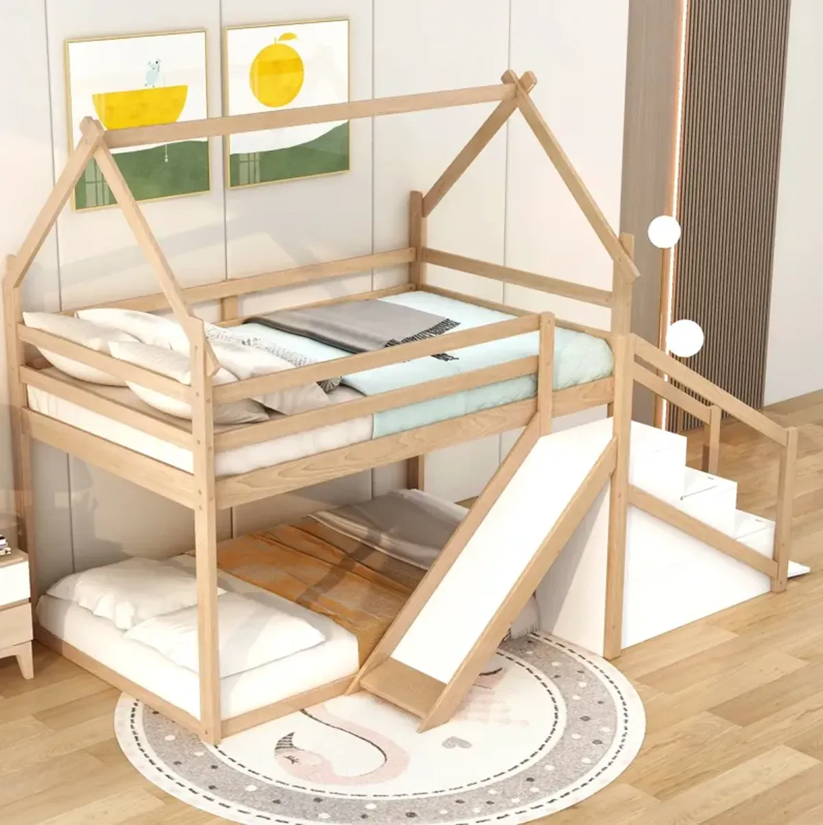 Twin Over Twin House Loft Or Bunk Bed With Slide And Staircase, Natural