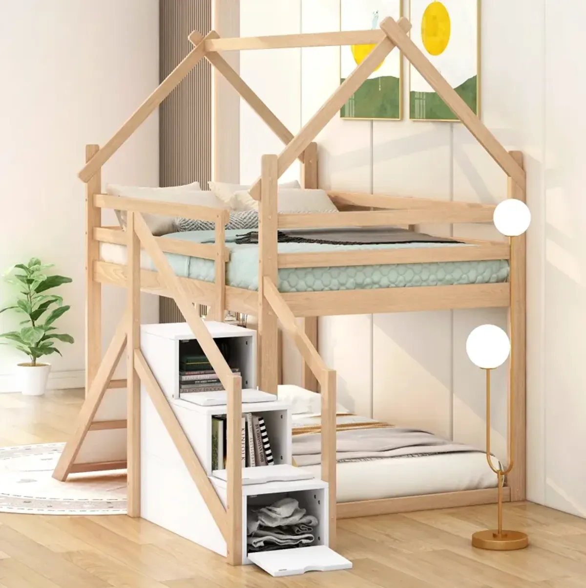 Twin Over Twin House Loft Or Bunk Bed With Slide And Staircase, Natural