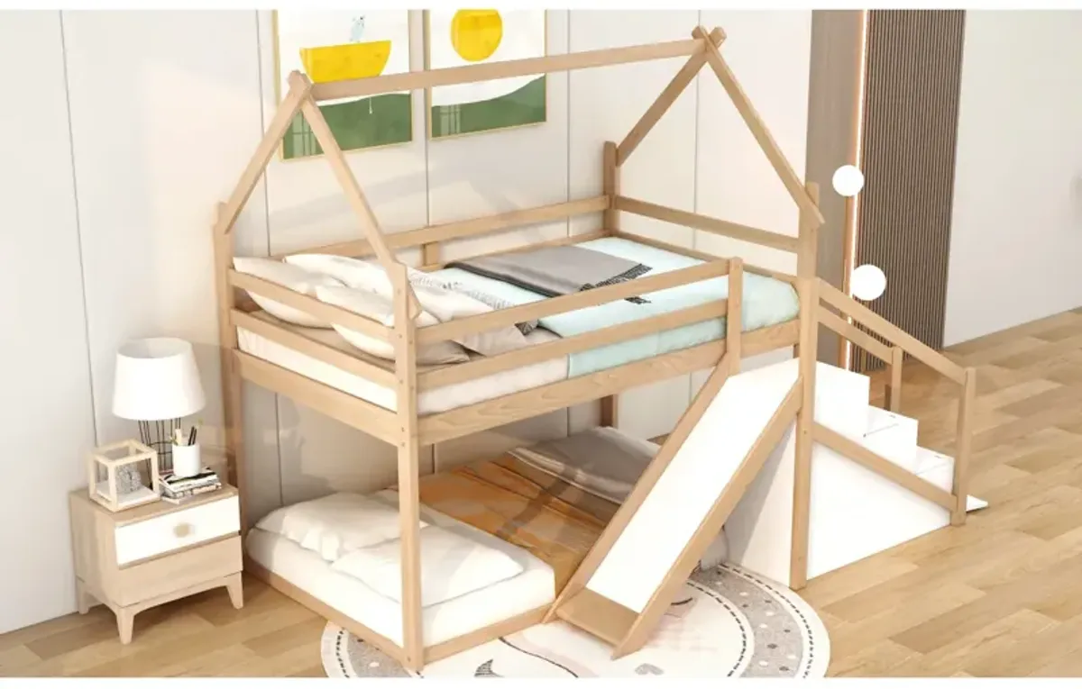 Twin Over Twin House Loft Or Bunk Bed With Slide And Staircase, Natural