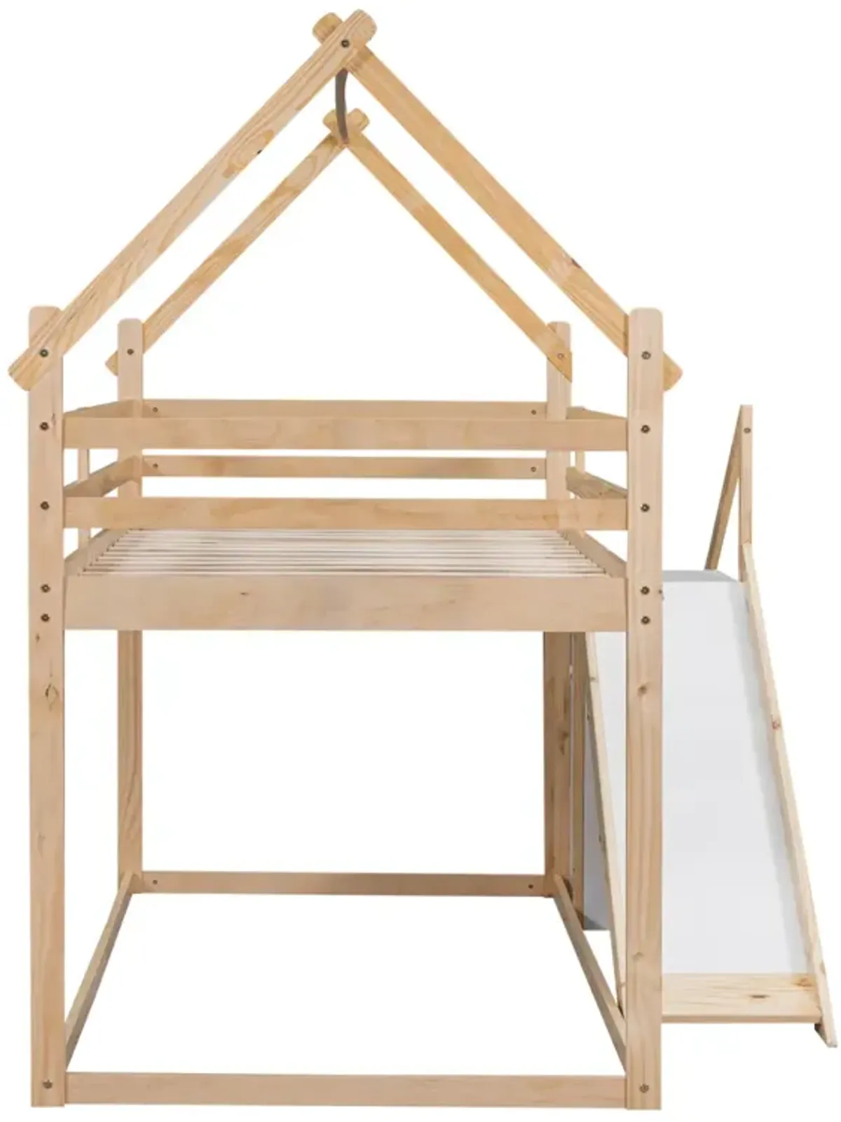 Twin Over Twin House Loft Or Bunk Bed With Slide And Staircase, Natural