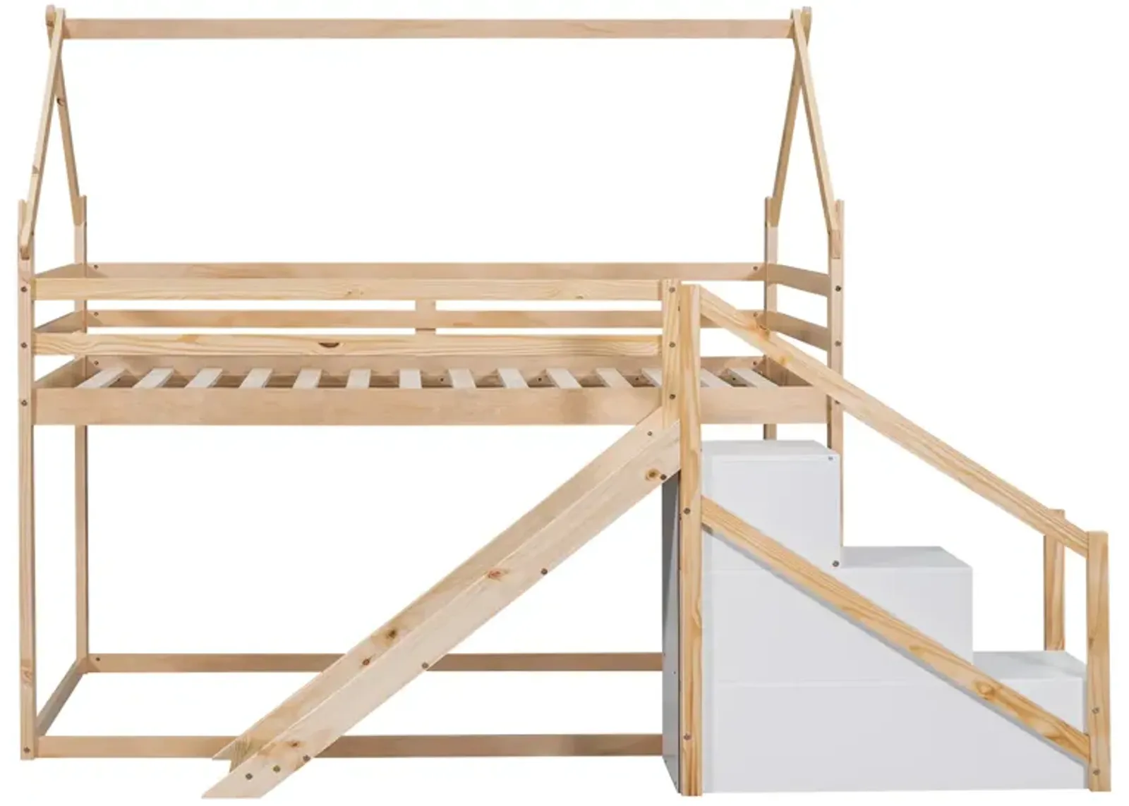 Twin Over Twin House Loft Or Bunk Bed With Slide And Staircase, Natural