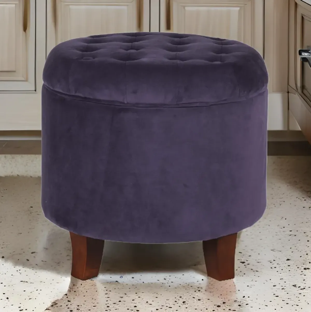 Button Tufted Velvet Upholstered Wooden Ottoman with Hidden Storage, Purple and Brown - Benzara