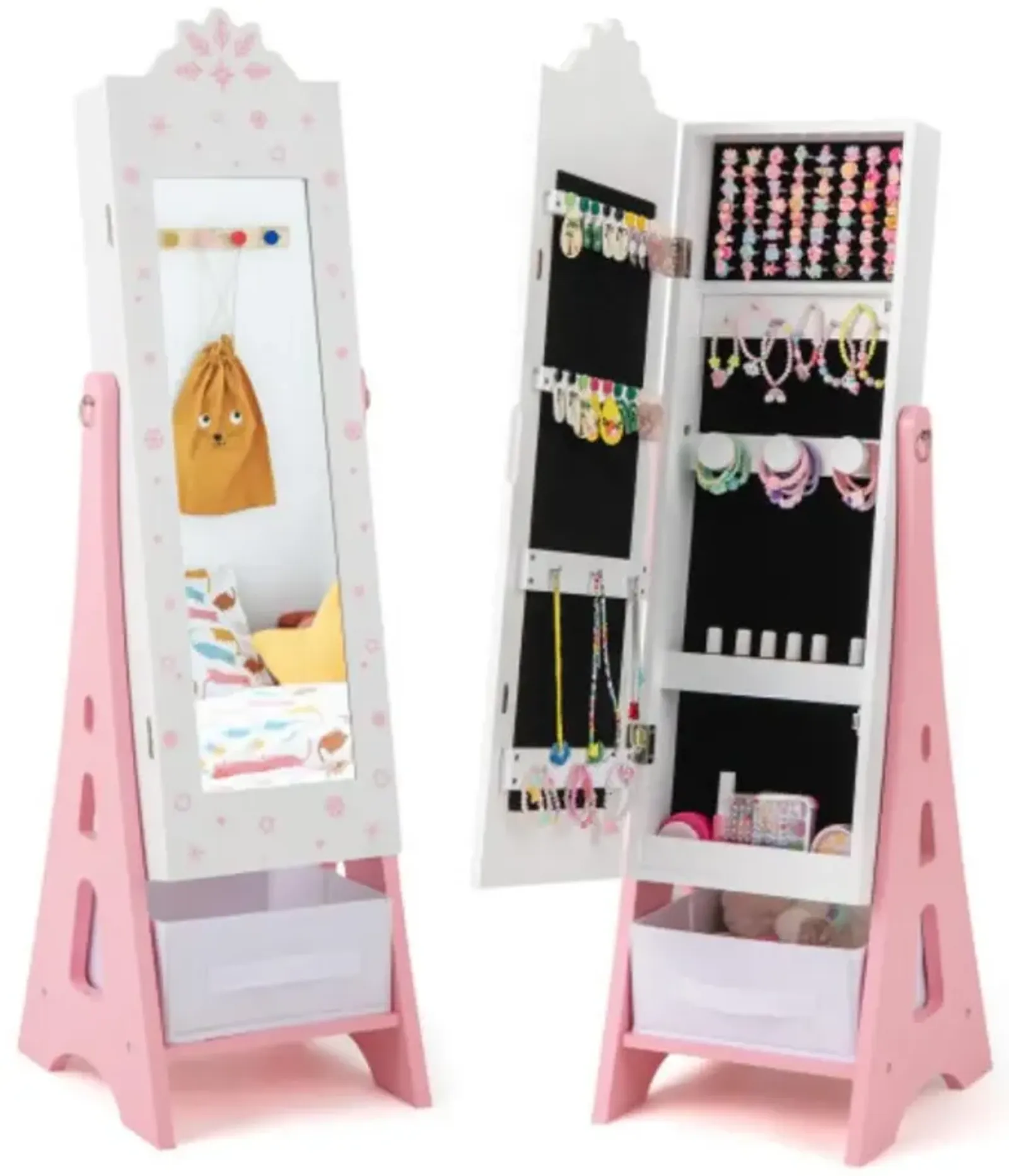 Kids Jewelry Cabinet with Full-Length Mirror and Foldable Drawer