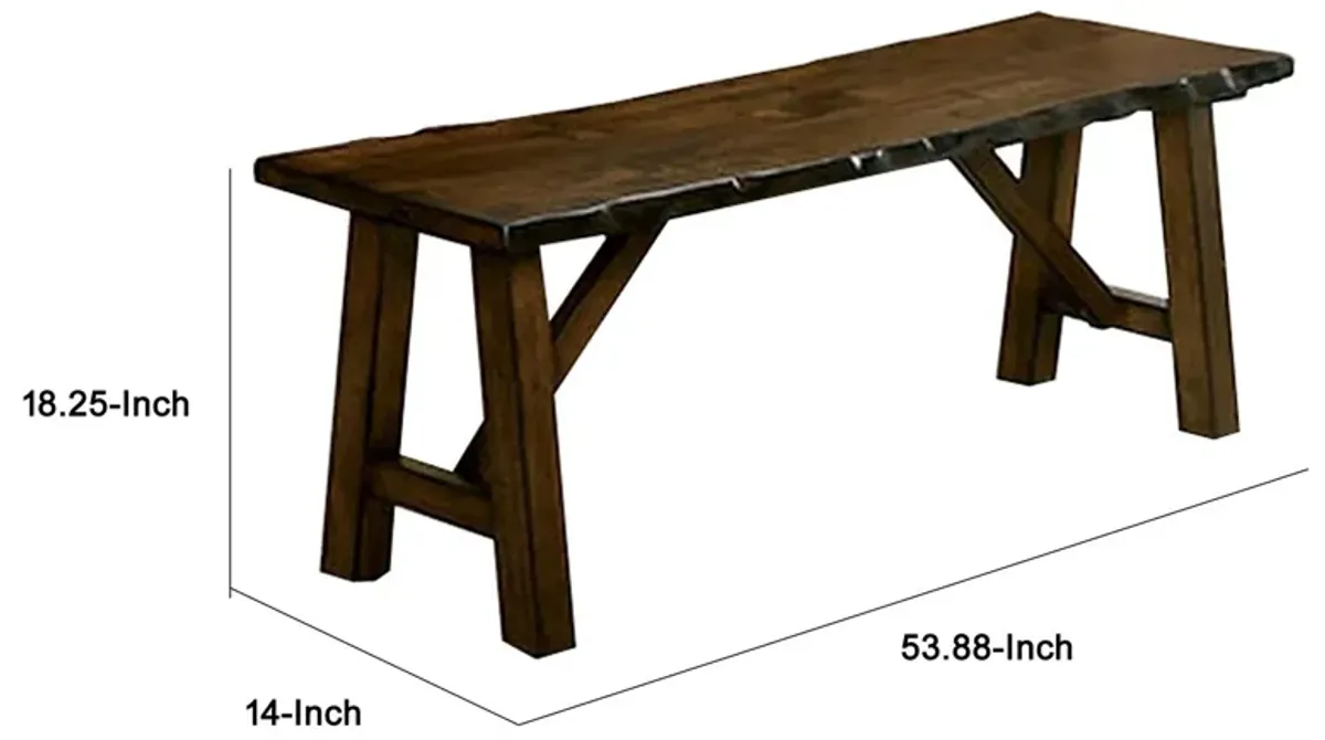 Naef 54 Inch Wood Dining Bench, Walnut Brown, Live Edges, Angled Legs -Benzara