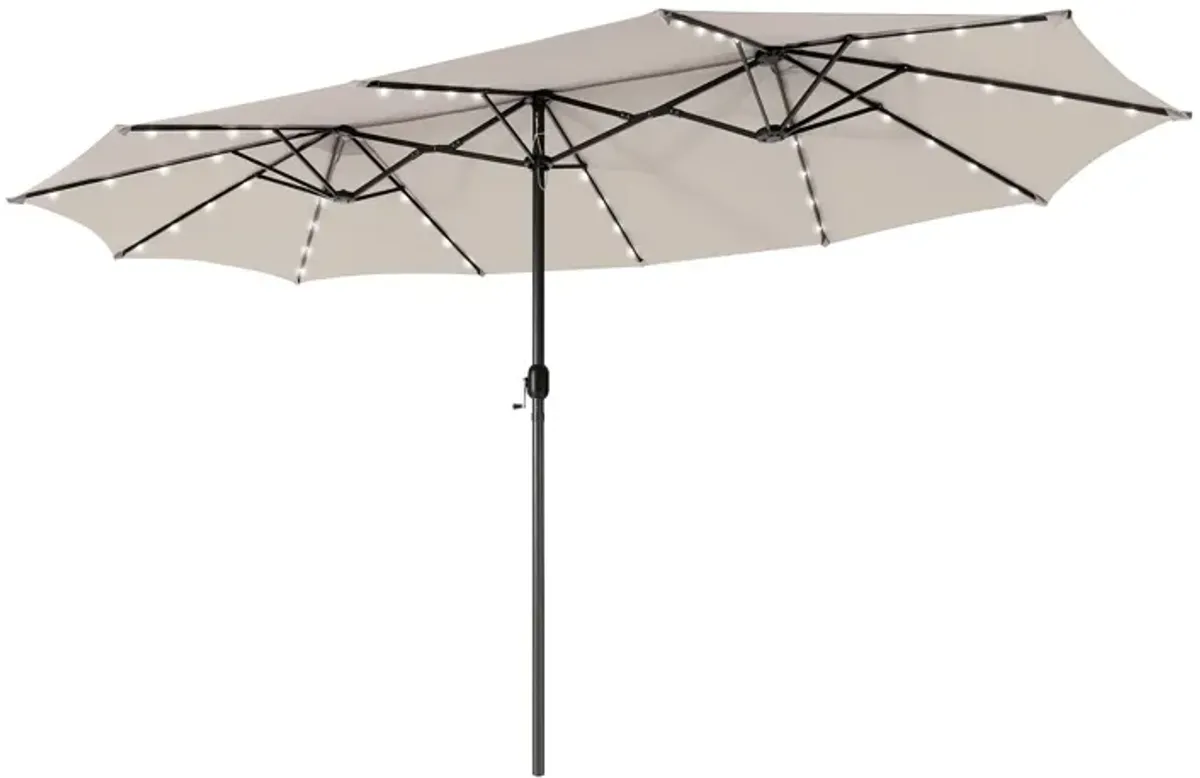 15-Foot Twin Patio Umbrella with 48 Solar LED Lights for Outdoor Lighting