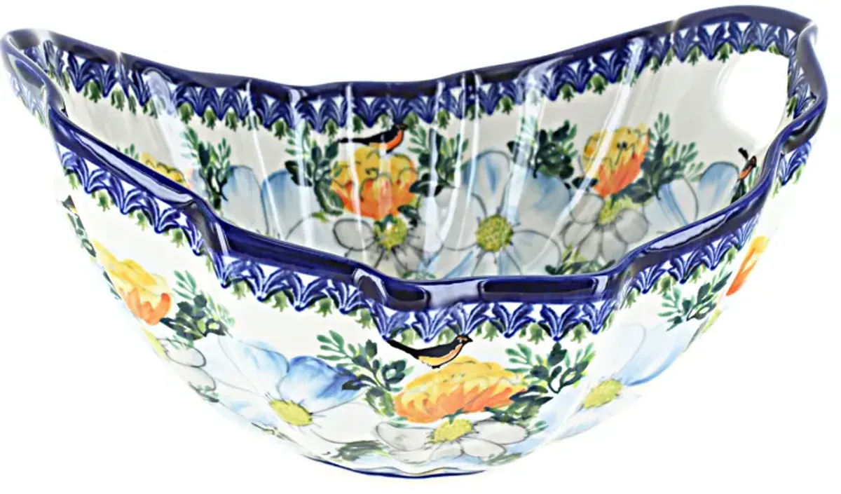 Blue Rose Polish Pottery Goldfinch Basket with Handles