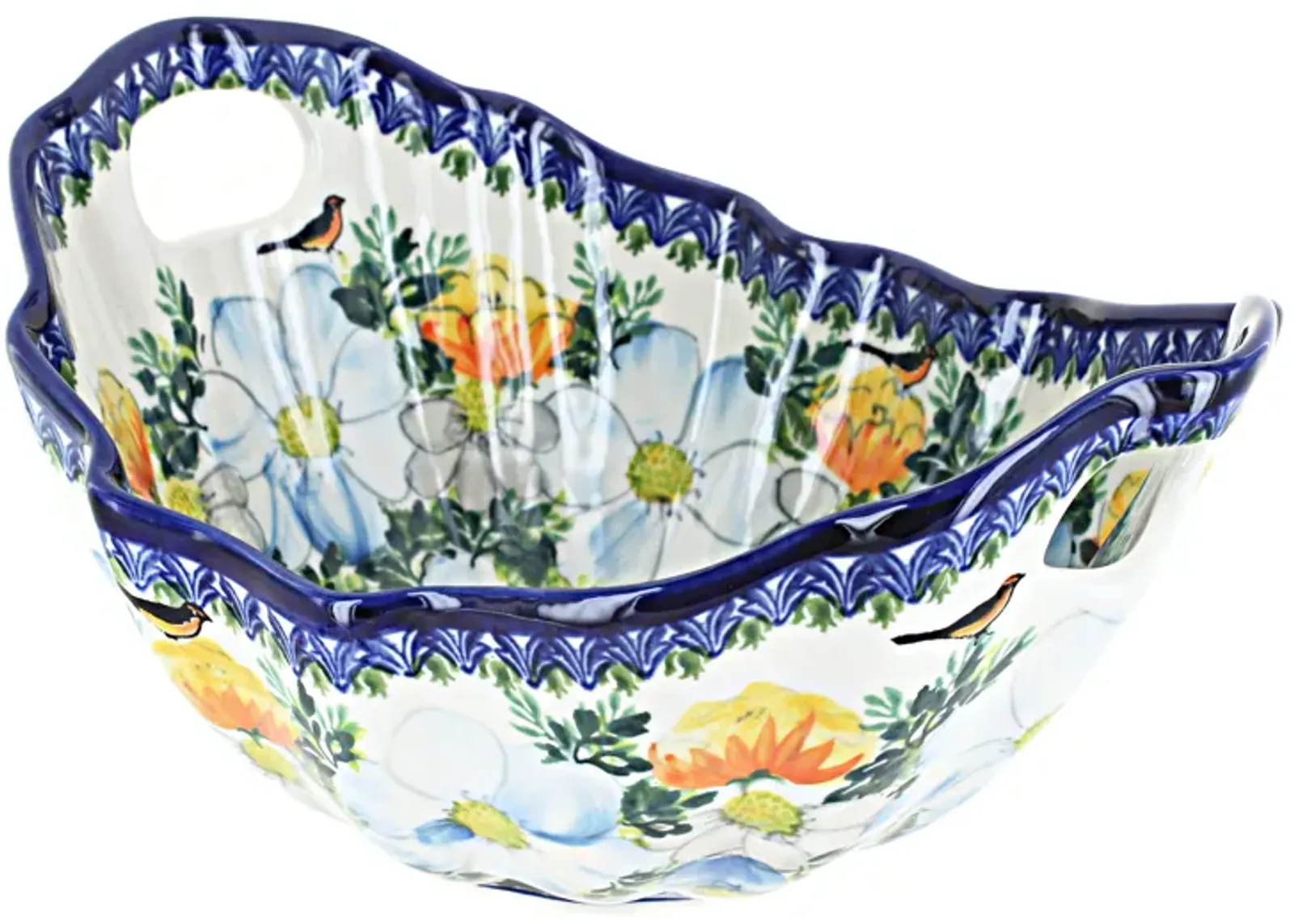 Blue Rose Polish Pottery Goldfinch Basket with Handles