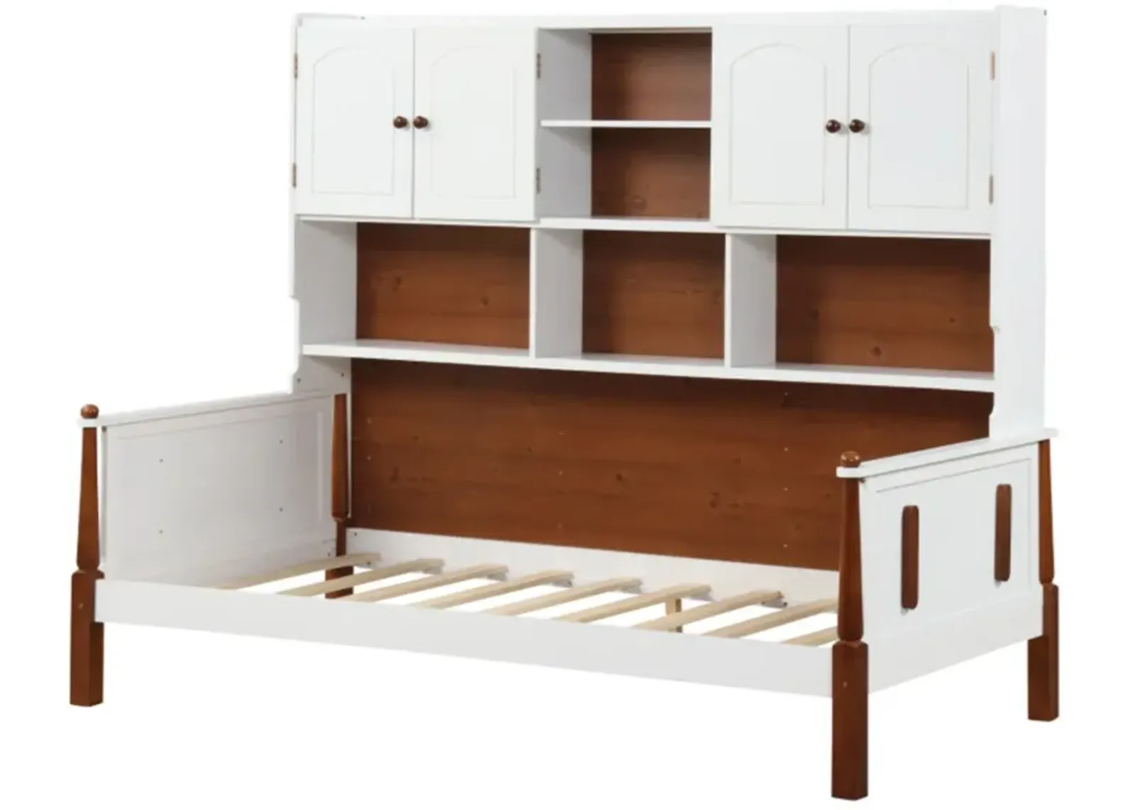 Hivvago Twin Bed with Bookcase with Shelves and  Wooden Slat Support No Box Spring Needed for Living Room Bedroom