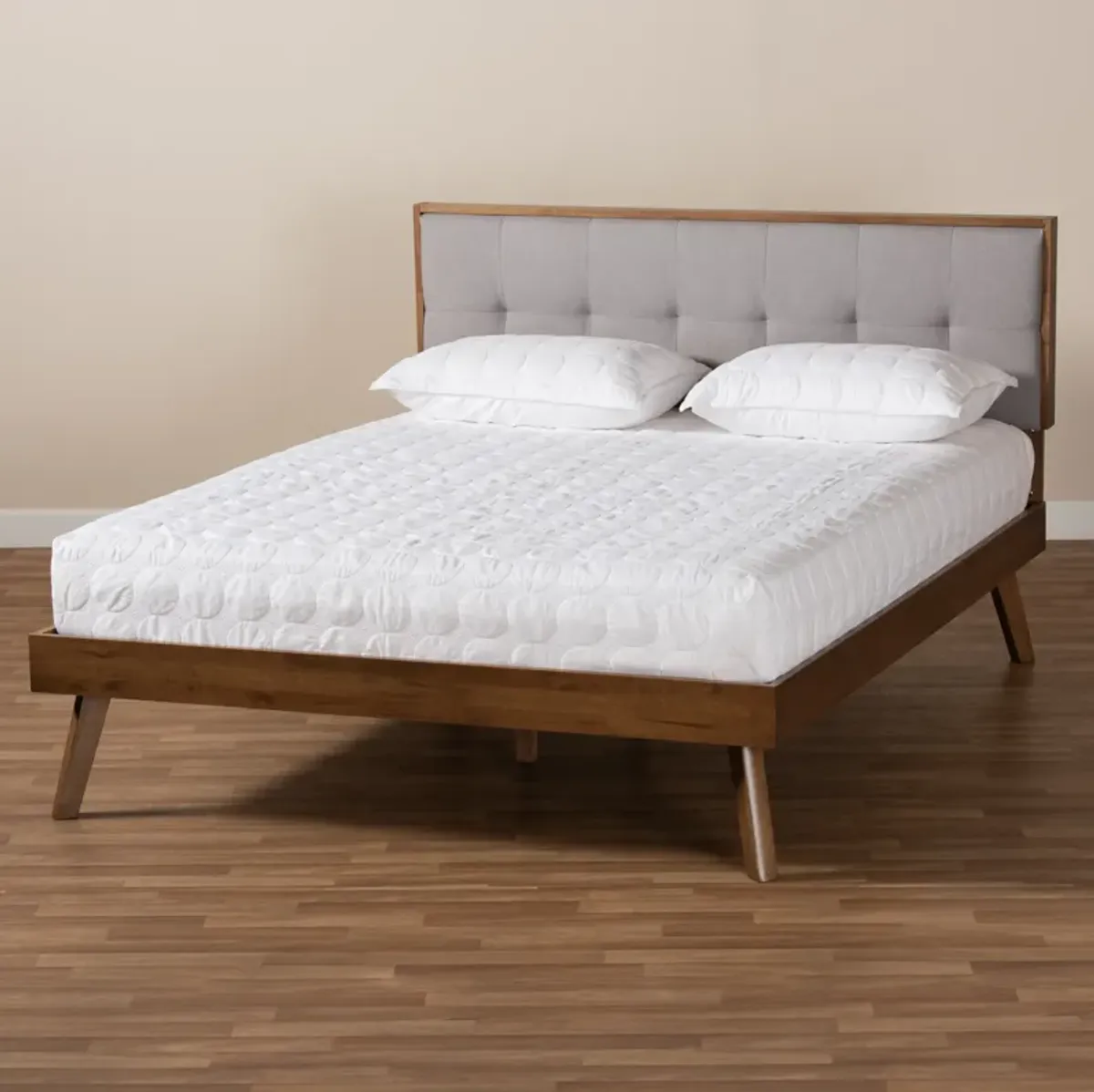 Baxton Studio Alke Mid-Century Modern Dark Grey Fabric Upholstered Walnut Brown Finished Wood King Size Platform Bed