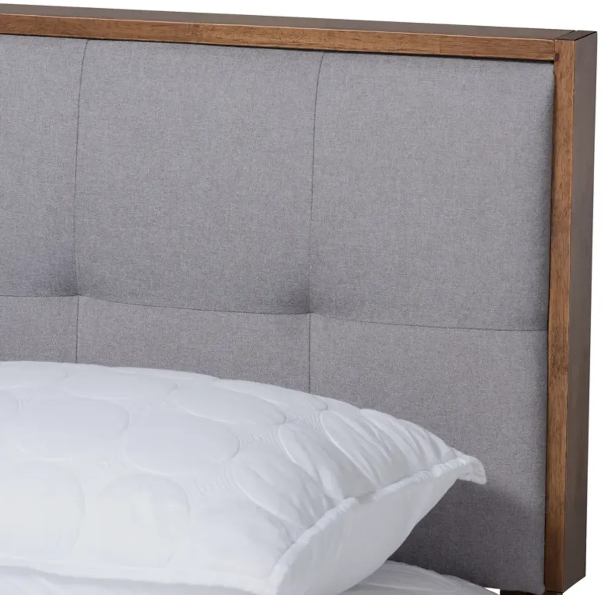 Baxton Studio Alke Mid-Century Modern Dark Grey Fabric Upholstered Walnut Brown Finished Wood King Size Platform Bed