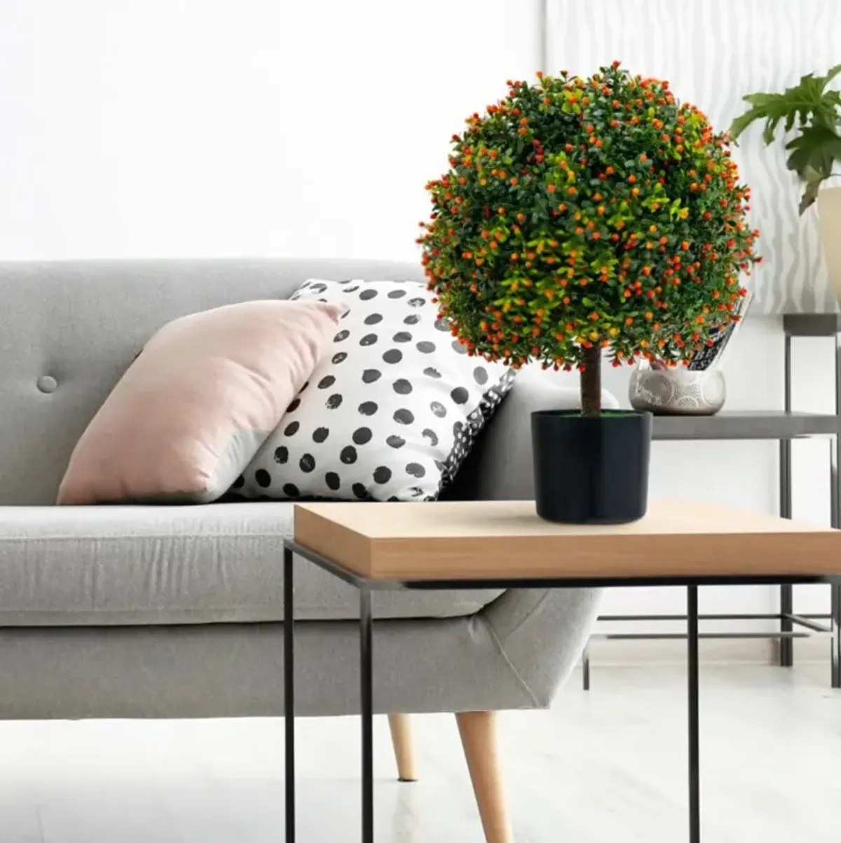 Hivvago 2-Pack Artificial Boxwood Topiary Ball Tree with Orange Fruit