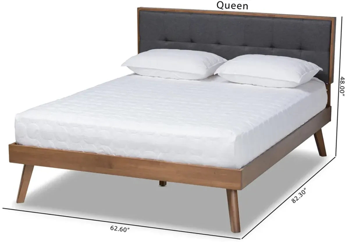 Baxton Studio Alke Mid-Century Modern Dark Grey Fabric Upholstered Walnut Brown Finished Wood King Size Platform Bed