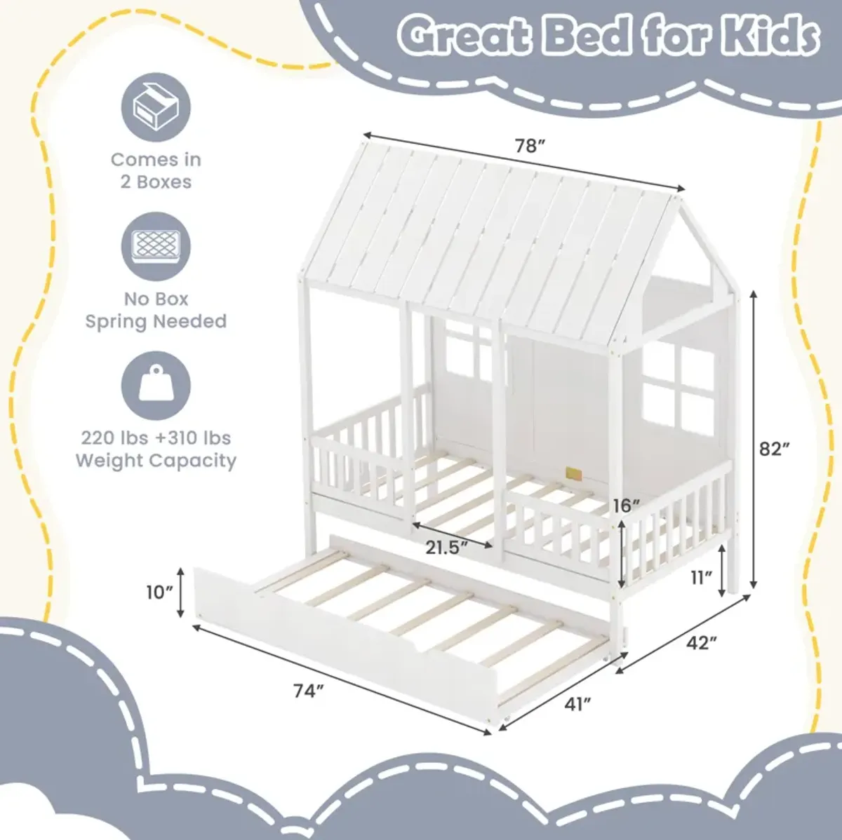 Twin Size Bed Frame House Bed with Trundle and 82 Inch Tall Roof