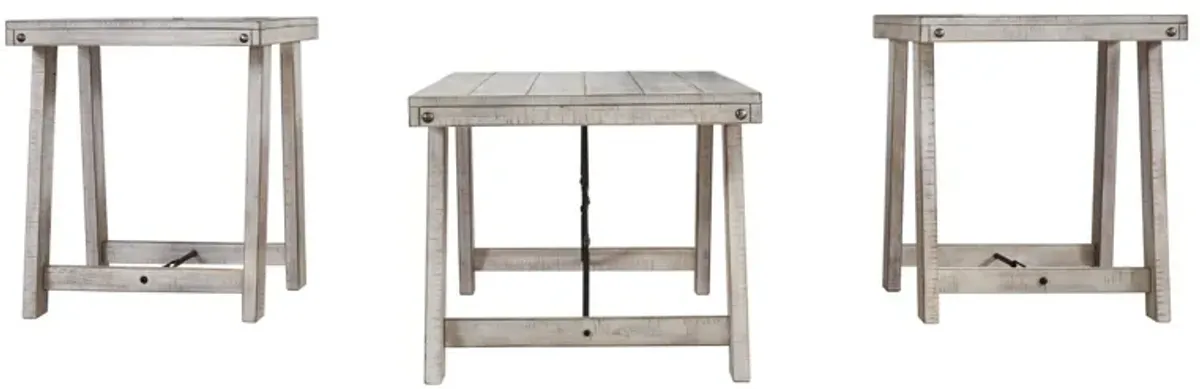 Wooden Table Set with Canted Legs and Tension Bars, Washed White-Benzara