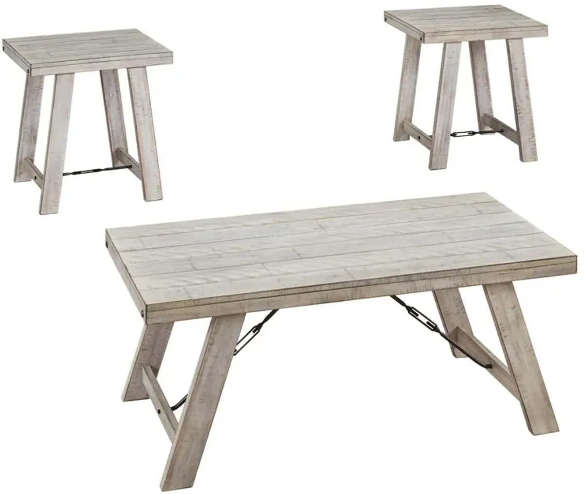 Wooden Table Set with Canted Legs and Tension Bars, Washed White-Benzara