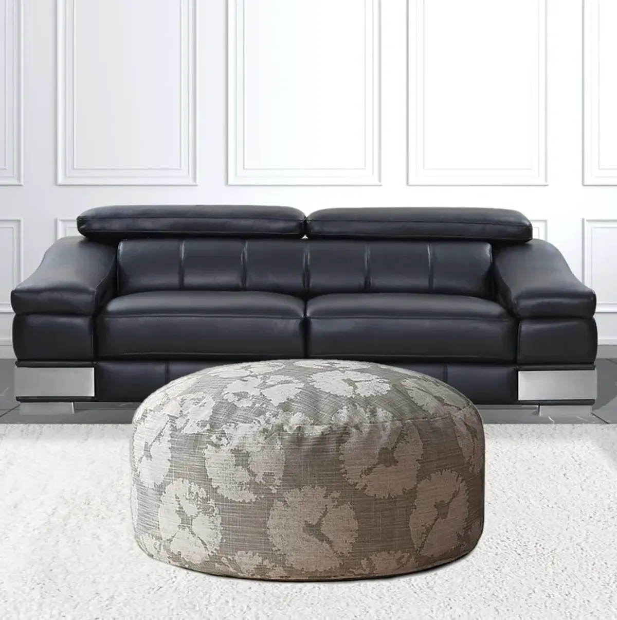 Hivvago 24" Grey Canvas Round Floral Pouf Ottoman