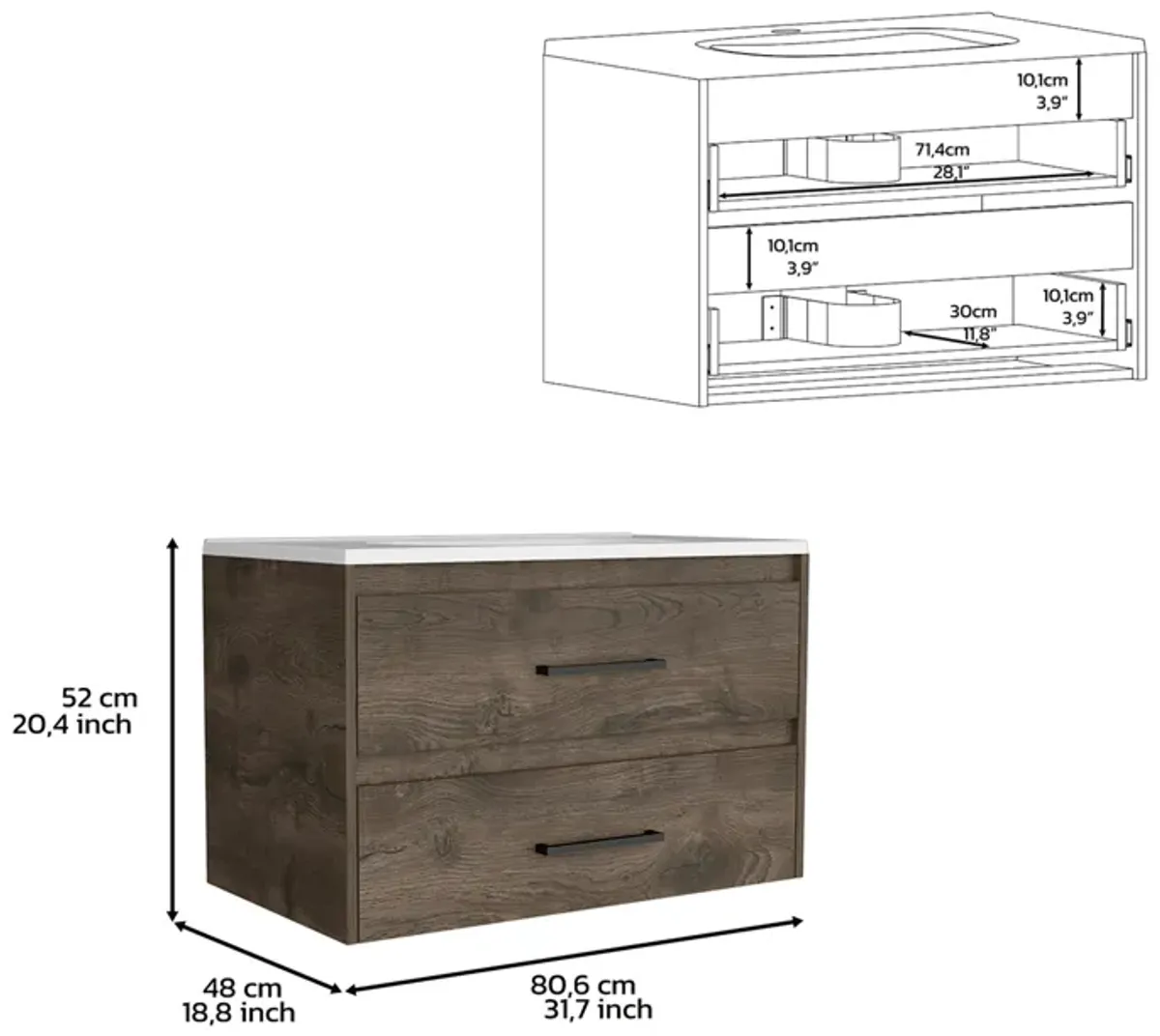 DEPOT E-SHOP Floating Vanity Bathroom 20.4H" with 2 Drawer Organizers, Dark Brown / White