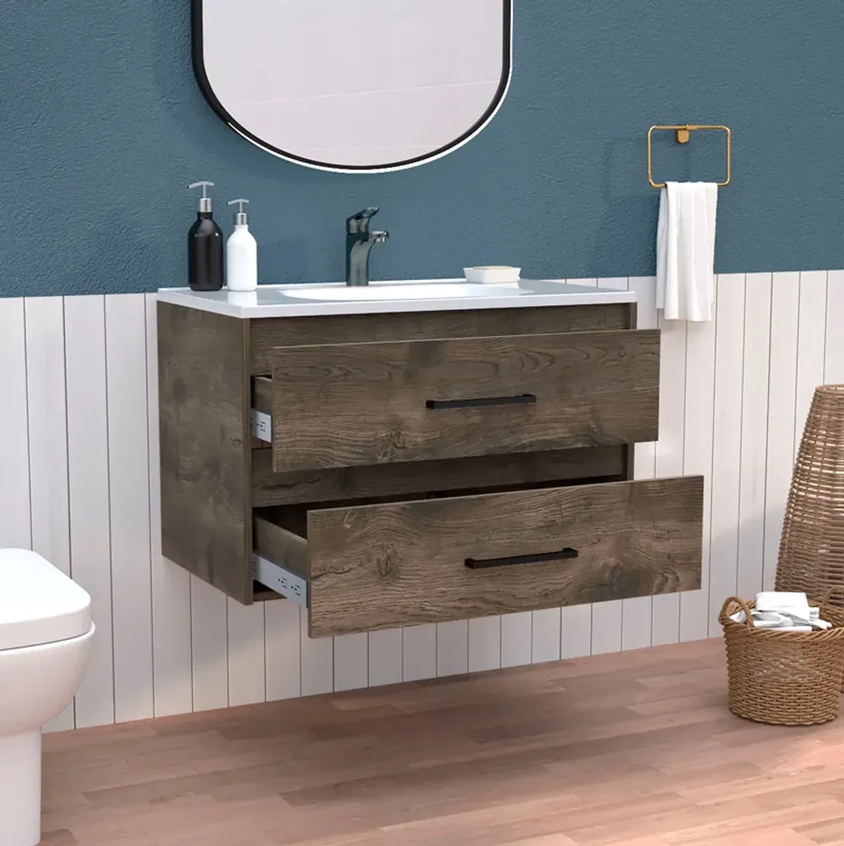 DEPOT E-SHOP Floating Vanity Bathroom 20.4H" with 2 Drawer Organizers, Dark Brown / White