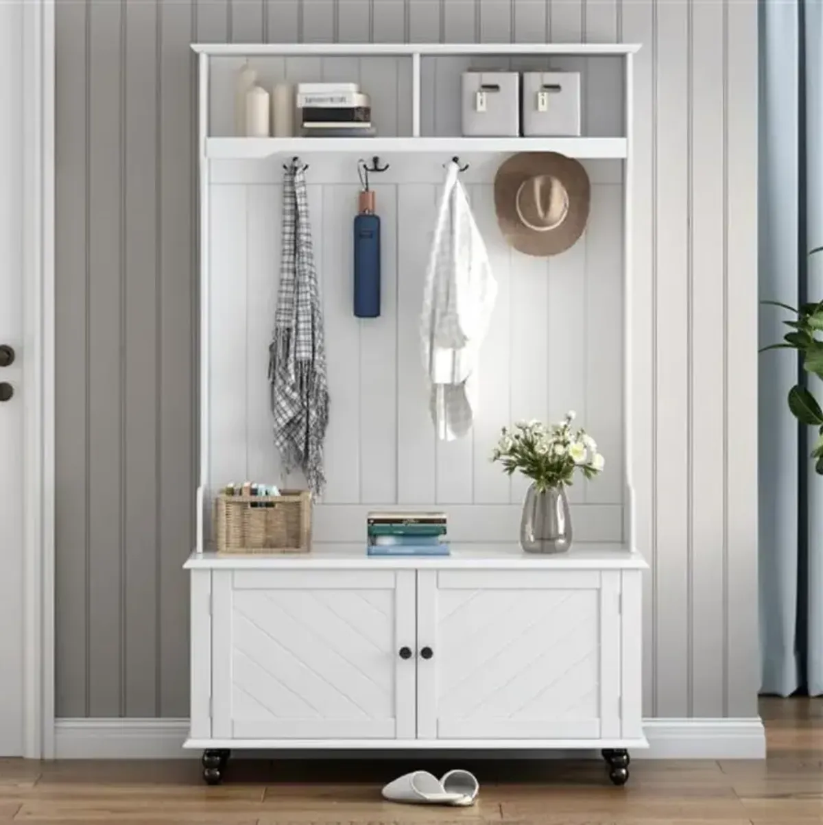 Entryway Hall Tree with Storage Bench & 4 Coat Hooks For Home's Mudroom