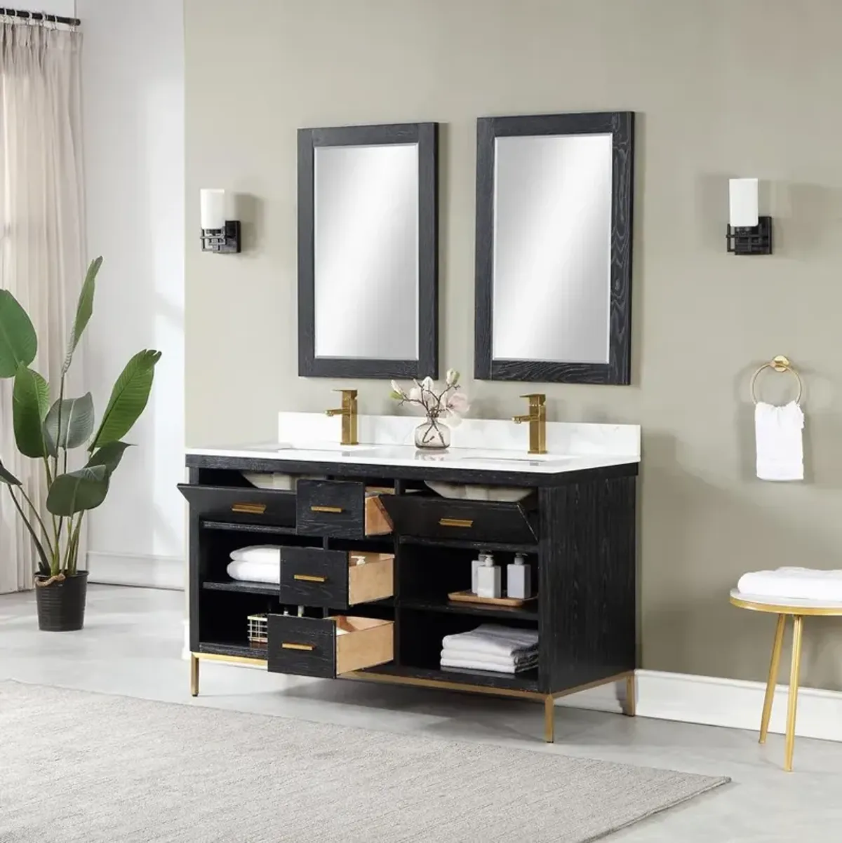Altair 60 Double Bathroom Vanity Set in Black Oak with Mirror